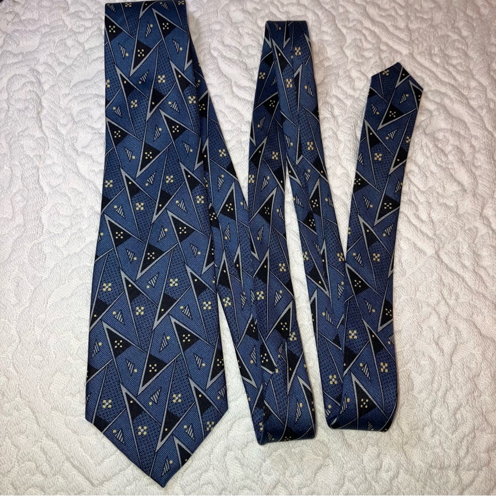 Vintage Calvin Klein silk skinny tie, geometric triangles, blue, black